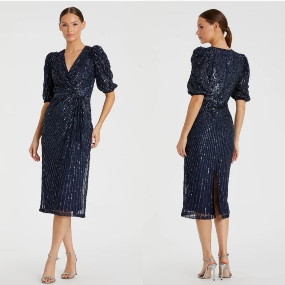 Mac Duggal 5578 Sequin V Neck Short Puff Sleeve Midi Dress Navy Blue Size 6